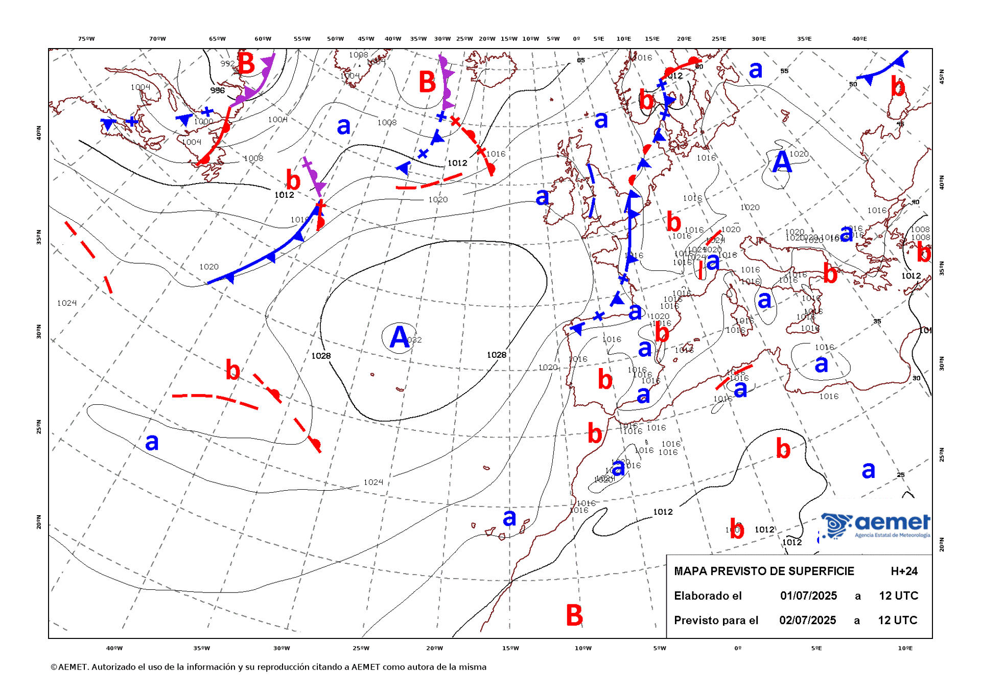 Mapa de isobaras elaborado por la Aemet el 01/07/2025 previsto para el 02/07/2025. EFE/Aemet/SOLO USO EDITORIAL/SOLO DISPONIBLE PARA ILUSTRAR LA NOTICIA QUE ACOMPAÑA (CRÉDITO OBLIGATORIO)