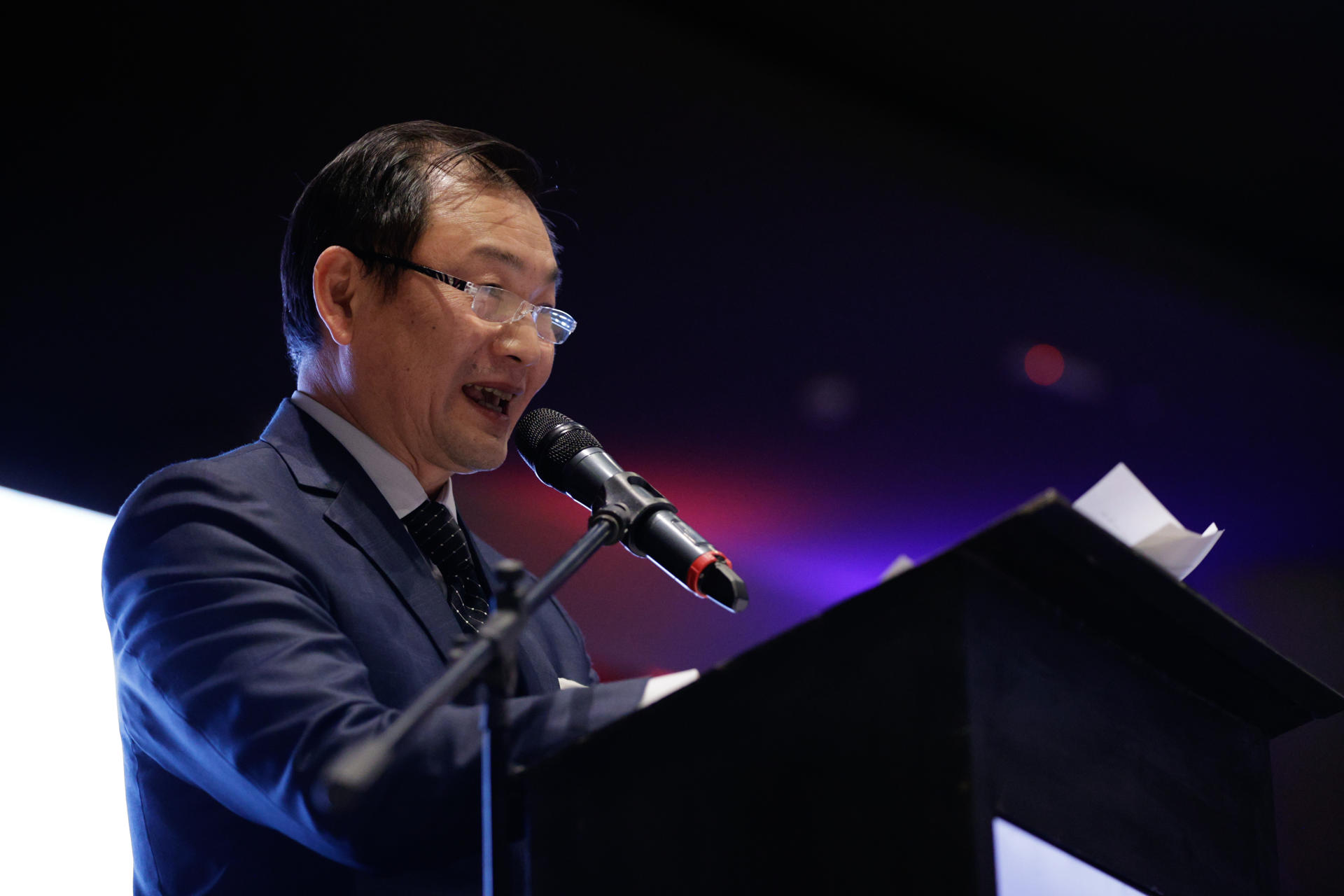 El embajador de Taiwán en Paraguay, José Chih-Cheng Han, habla durante la celebración de los 68 años de las relaciones Taiwán - Paraguay este jueves, en Asunción (Paraguay). EFE/ Juan Pablo Pino