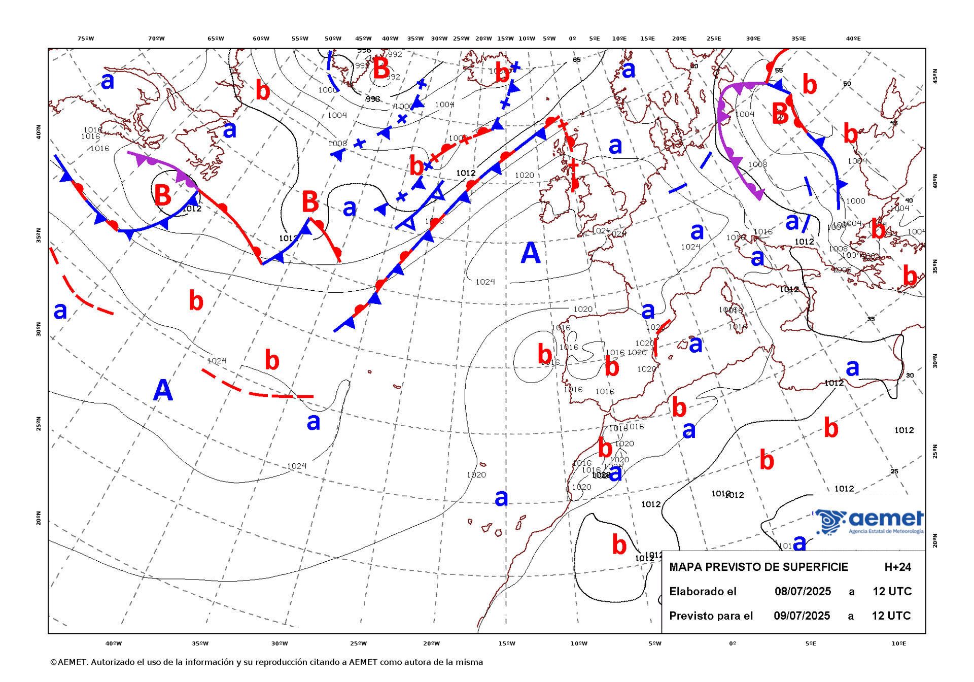 Mapa de isobaras elaborado por la Aemet el 08/07/2025 previsto para el 09/07/2025. EFE/Aemet/SOLO USO EDITORIAL/SOLO DISPONIBLE PARA ILUSTRAR LA NOTICIA QUE ACOMPAÑA (CRÉDITO OBLIGATORIO)
