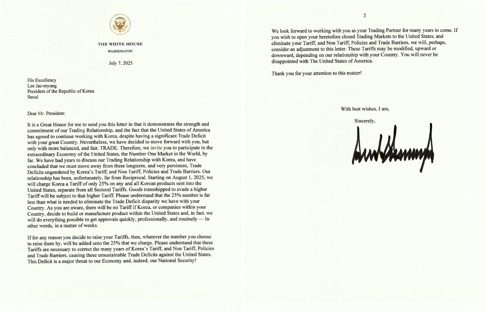 Fotografía publicada por el presidente de los Estados Unidos, Donald Trump, en su cuenta oficial en la red social Truth que muestra las dos páginas de la carta enviada a Corea del Sur sobre el tema de los aranceles. EFE/@realDonaldTrump
