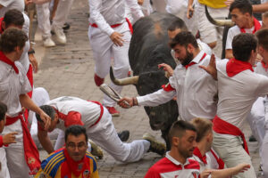 Los mozos son perseguidos por toros de la ganadería gaditana de Fuente Ymbro en el tramo final que desemboca en el callejón de la Plaza de Toros, durante el primer encierro de los Sanfermines 2025, este lunes en Pamplona. EFE/ J.P. Urdiroz
