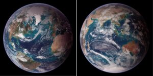 Composición de dos fotografías cedidas por la NASA donde se muestran los hemisferios occidental (i) y oriental (d) del globo terráqueo. EFE/Reto Stöckli/NASA-NOAA/JPL-Caltech