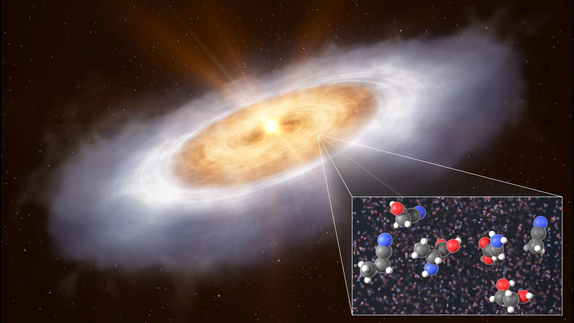 Esta impresión artística muestra el disco de formación planetaria alrededor de la estrella V883 Orionis. En la parte más externa del disco, los gases volátiles se congelan en forma de hielo, el cual contiene moléculas orgánicas complejas. Crédito: ESO/L. Calçada/T. Müller (MPIA/HdA).