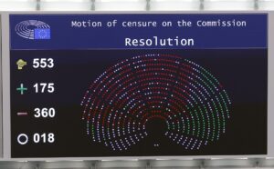 Una pantalla muestra el resultado de la votación de la moción de censura contra la presidenta de la Comisión Europea, Ursula von der Leyen, el 10 julio de 2025.EFE/EPA/GUILLAUME HORCAJUELO