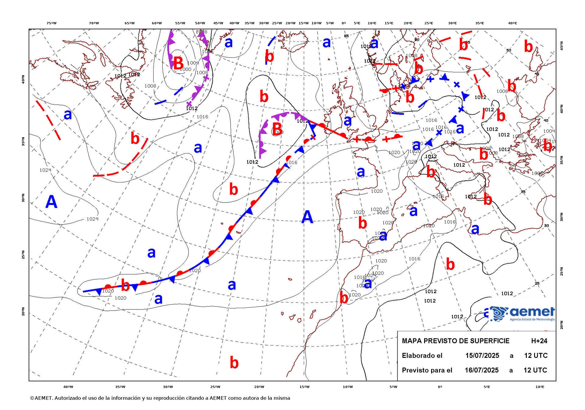 Mapa de isobaras elaborado por la Aemet el 15/07/2025 previsto para el 16/07/2025. EFE/ Aemet SÓLO USO EDITORIAL / SÓLO DISPONIBLE PARA ILUSTRAR LA NOTICIA QUE ACOMPAÑA (CRÉDITO OBLIGATORIO)