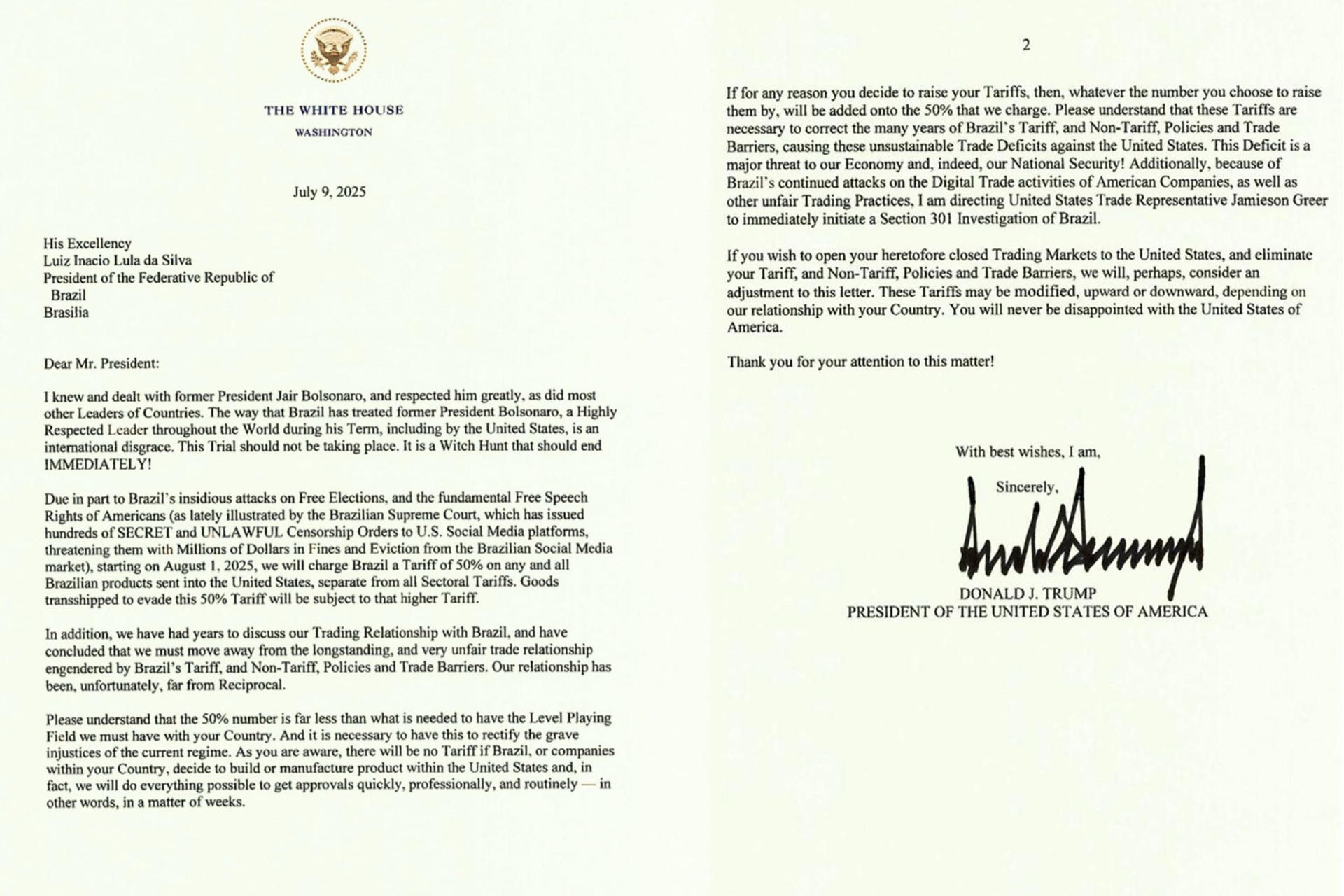 Imagen tomada de la cuenta en la red social Truth Social @realDonaldTrump del presidente de Estados Unidos, Donald Trump, de una carta enviada por Trump a su homólogo de Brasil, Luiz Inácio Lula da Silva, este miércoles, en Washington (Estados Unidos). EFE/ @realdonaldtrump/