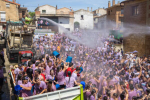 La batalla del clarete, que se ha celebrado este domingo en la localidad riojana de San Asensio, ha congregado a unas 6.000 personas, que han utilizado como munición unos 40.000 litros de vino rosado. Un cielo despejado y 25 grados de temperatura han animado a los participantes en la 46 edición de esta tradición popular, declarada fiesta de interés turístico regional en 2012. EFE/ Raquel Manzanares