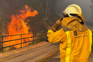Labores de extinción este miércoles del incendio forestal declarado en las inmediaciones de A Cañiza. Los servicios de extinción lidian este miércoles en Galicia con hasta cinco incendios forestales de importante tamaño que afectan a las provincias de Lugo, Ourense y Pontevedra y que, de forma acumulada, han quemado más de 155 hectáreas de terreno. EFE/ Sxenick