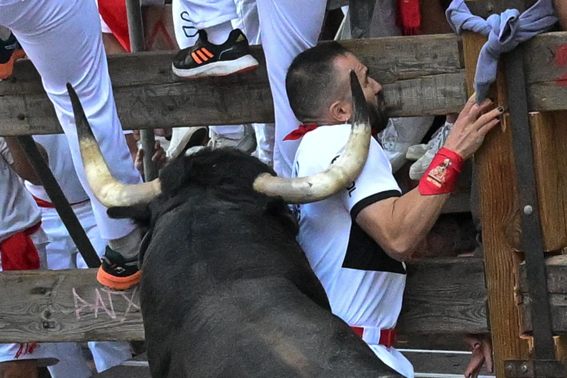 Un toro de la ganadería Cebada Gago embiste a un mozo durante el segundo encierro de los Sanfermines este martes, en Pamplona. EFE/ Daniel Fernández