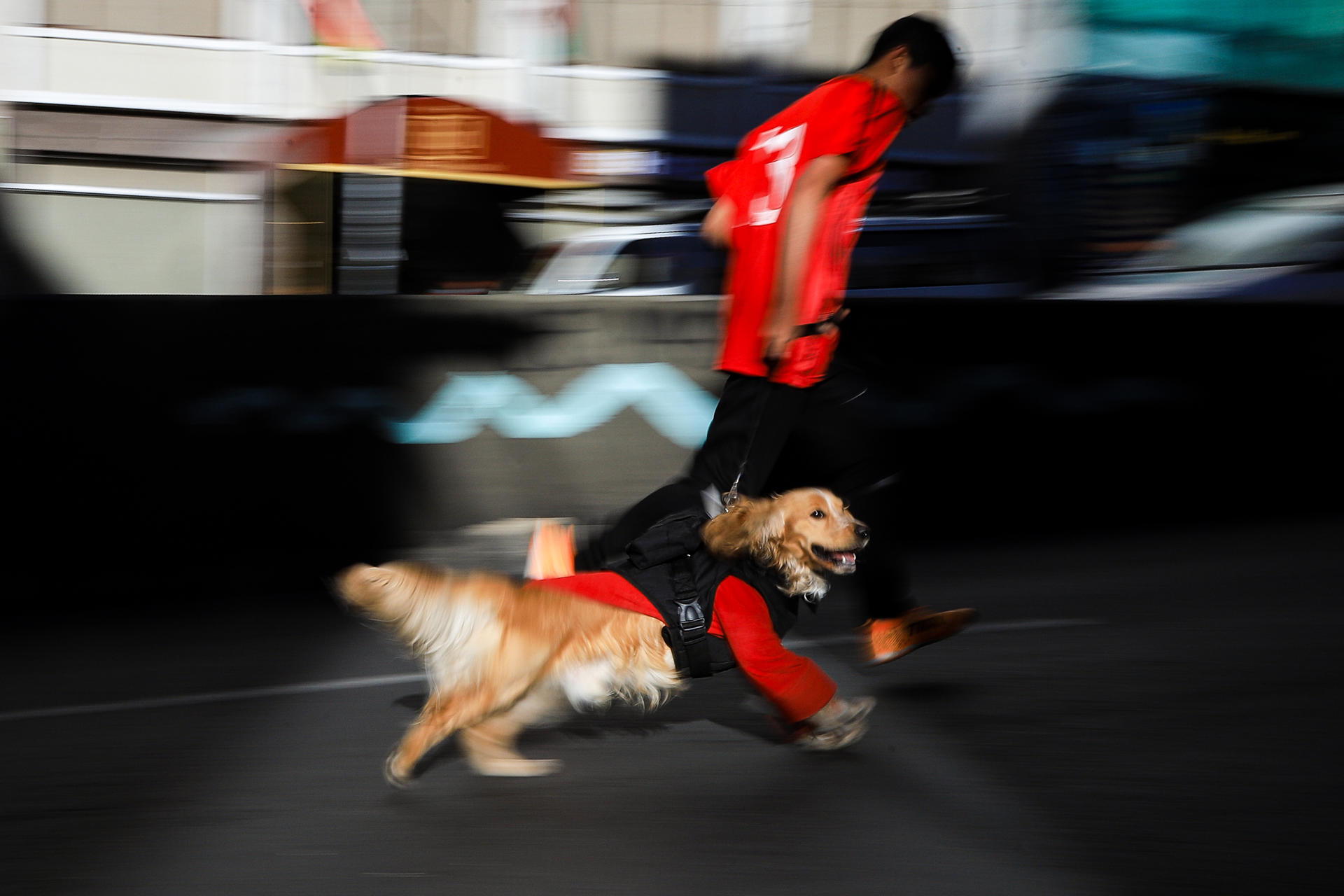Un hombre junto a su perro participa en una carrera este domingo en La Paz (Bolivia). EFE/ Gabriel Màrquez