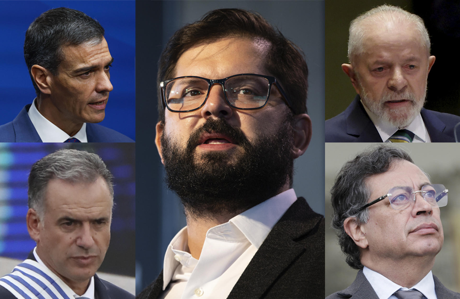 Combo de fotografías de archivo del presidente del Gobierno español, Pedro Sánchez (i-arriba), el presidente de Chile, Gabriel Boric (c), el presidente de Brasil, Luiz Inácio Lula da Silva (d-arriba), el presidente de Uruguay, Yamandú Orsi (i-abajo) y el presidente de Colombia, Gustavo Petro (d-abajo). EFE/ARCHIVO
