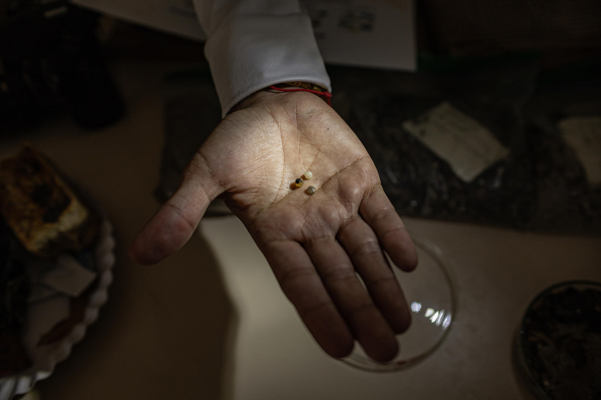 Fotografía del 8 de julio del 2025 de una persona mostrando residuos de plástico durante la presentación de un prototipo de la Biciola en una feria de la Facultad de Ciencias de la Universidad del Zulia, en Maracaibo (Venezuela). EFE/ Henry Chirinos