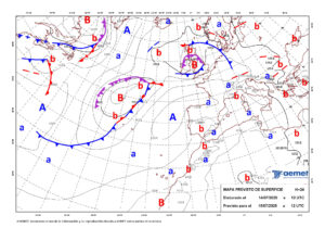 Mapa de isobaras elaborado por la Aemet previsto para el 15/07/2025. EFE/ Aemet SÓLO USO EDITORIAL / SÓLO DISPONIBLE PARA ILUSTRAR LA NOTICIA QUE ACOMPAÑA (CRÉDITO OBLIGATORIO)