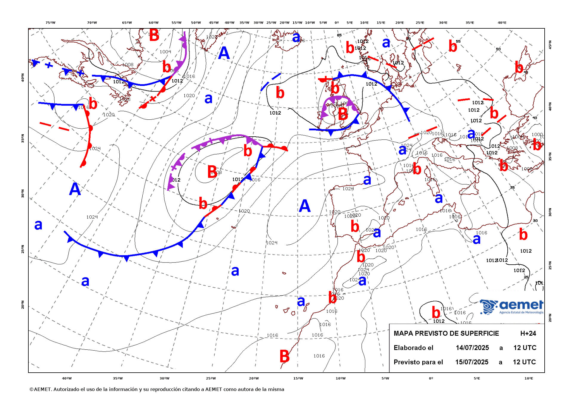 Mapa de isobaras elaborado por la Aemet previsto para el 15/07/2025. EFE/ Aemet SÓLO USO EDITORIAL / SÓLO DISPONIBLE PARA ILUSTRAR LA NOTICIA QUE ACOMPAÑA (CRÉDITO OBLIGATORIO)