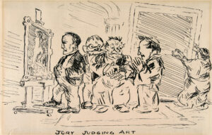 Fotografía cedida por el Museo de Arte Norton que muestra la obra 'Jurado juzgando arte' (circa 1908) del estadounidense Robert Henri. EFE/ Museo de Arte Norton