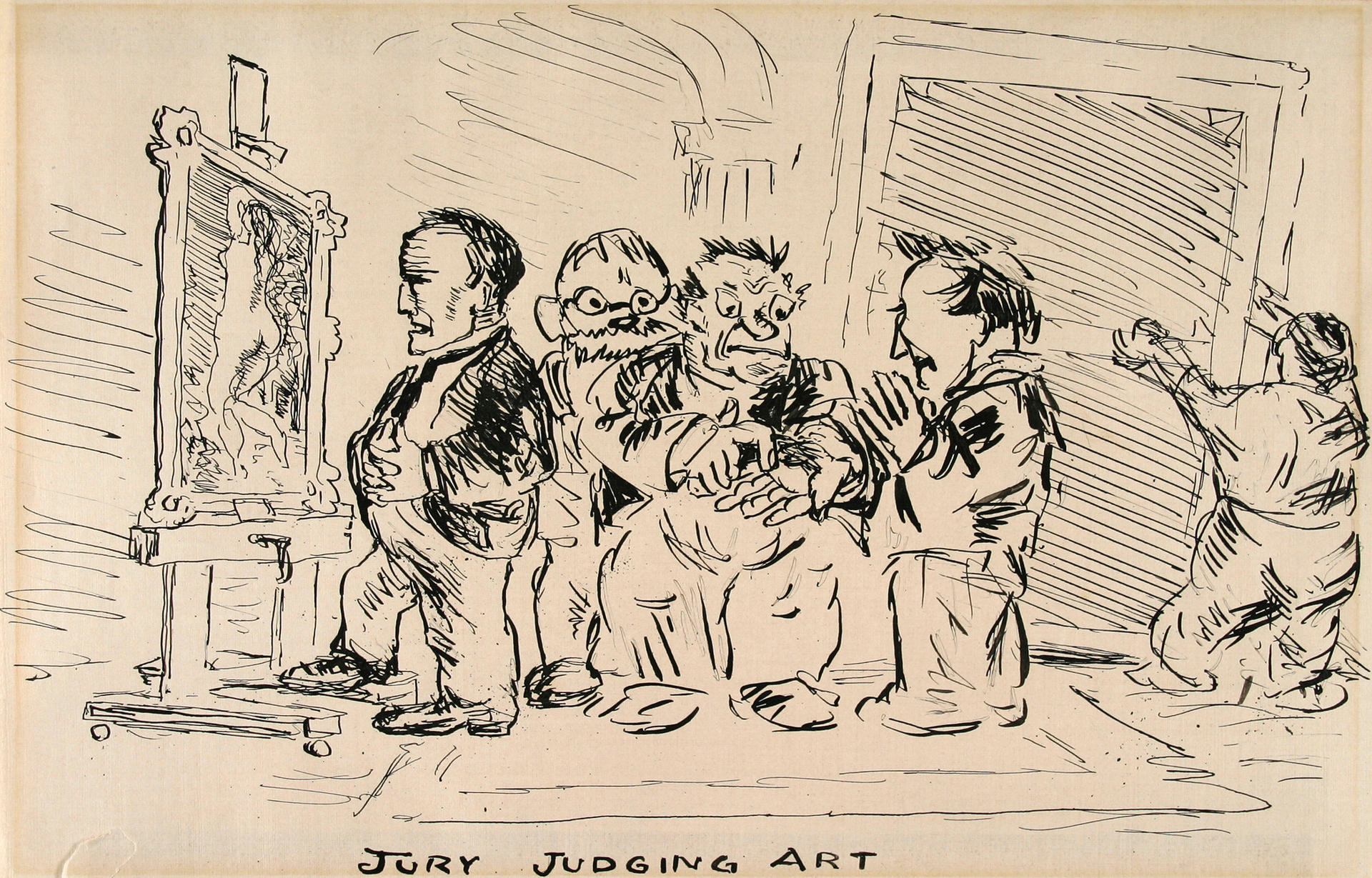Fotografía cedida por el Museo de Arte Norton que muestra la obra 'Jurado juzgando arte' (circa 1908) del estadounidense Robert Henri. EFE/ Museo de Arte Norton