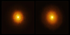 Cuando los astrónomos observaron la estrella MP Mus por primera vez en 2023 con el telescopio Alma de Atacama (Chile), vieron un disco liso y sin planetas, que se muestra aquí en la imagen de la derecha. El equipo, dirigido por Álvaro Ribas, astrónomo de la Universidad de Cambridge, Reino Unido, le dio otra oportunidad a esta estrella y la volvió a observar con ALMA en longitudes de onda más largas que penetran aún más profundamente en el disco protoplanetario que antes. Estas nuevas observaciones, que se muestran en la imagen de la izquierda, revelaron una brecha y un anillo que habían quedado ocultos en observaciones anteriores, lo que sugiere que MP Mus podría tener compañía después de todo. EFE/Crédito: ALMA(ESO/NAOJ/NRAO)/Álvaro Ribas et al.