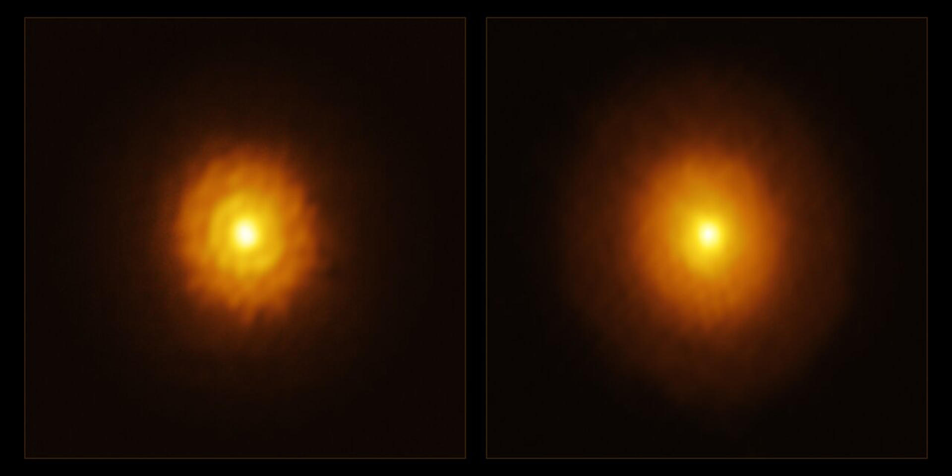 Cuando los astrónomos observaron la estrella MP Mus por primera vez en 2023 con el telescopio Alma de Atacama (Chile), vieron un disco liso y sin planetas, que se muestra aquí en la imagen de la derecha. El equipo, dirigido por Álvaro Ribas, astrónomo de la Universidad de Cambridge, Reino Unido, le dio otra oportunidad a esta estrella y la volvió a observar con ALMA en longitudes de onda más largas que penetran aún más profundamente en el disco protoplanetario que antes. Estas nuevas observaciones, que se muestran en la imagen de la izquierda, revelaron una brecha y un anillo que habían quedado ocultos en observaciones anteriores, lo que sugiere que MP Mus podría tener compañía después de todo. EFE/Crédito: ALMA(ESO/NAOJ/NRAO)/Álvaro Ribas et al.