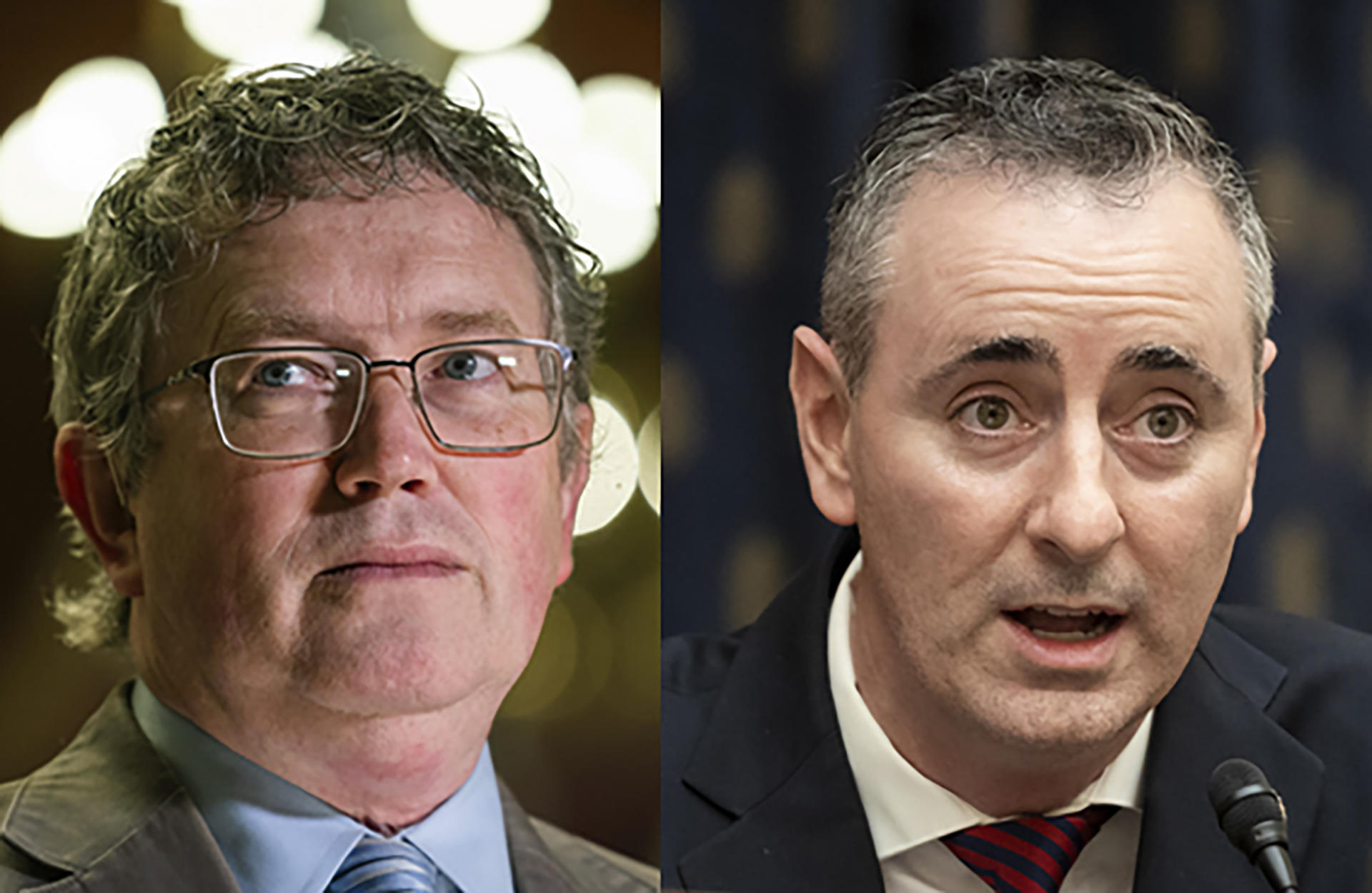 Combo de fotografías de archivo del representante republicano por Kentucky, Thomas Massie (i), y el representante republicano por Pensilvania Brian Fitzpatrick. EFE/ Jim Lo Scalzo / Ting Shen
