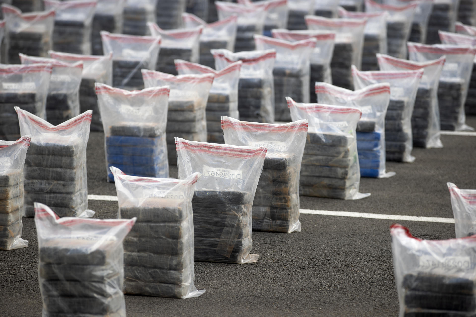 Detalle de un cargamento de cocaína incautado en altamar por la Dirección Nacional de Control de Drogas (DNCD) de la República Dominicana, en la sede de la institución, en Santo Domingo. EFE/Orlando Barría