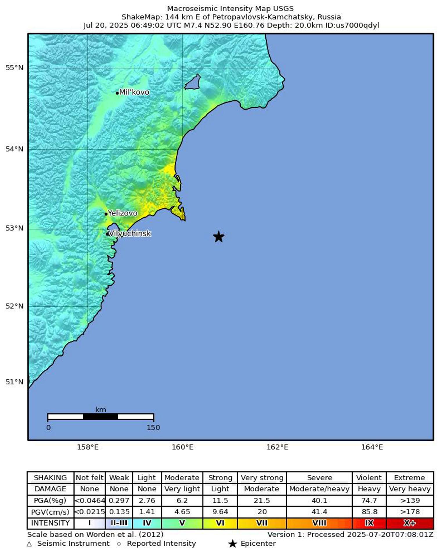 A handout shakemap made available by the United States Geological Survey (USGS) shows the location of a 7.4-magnitude earthquake hitting off Kamchatka, Russia, 20 July 2025. The epicenter of the earthquake was recorded 144 kilometres east from Petropavlovsk-Kamchatsky at a depth of 20 kilometres, the USGS said. (Terremoto/sismo, Rusia, Estados Unidos). EFE
