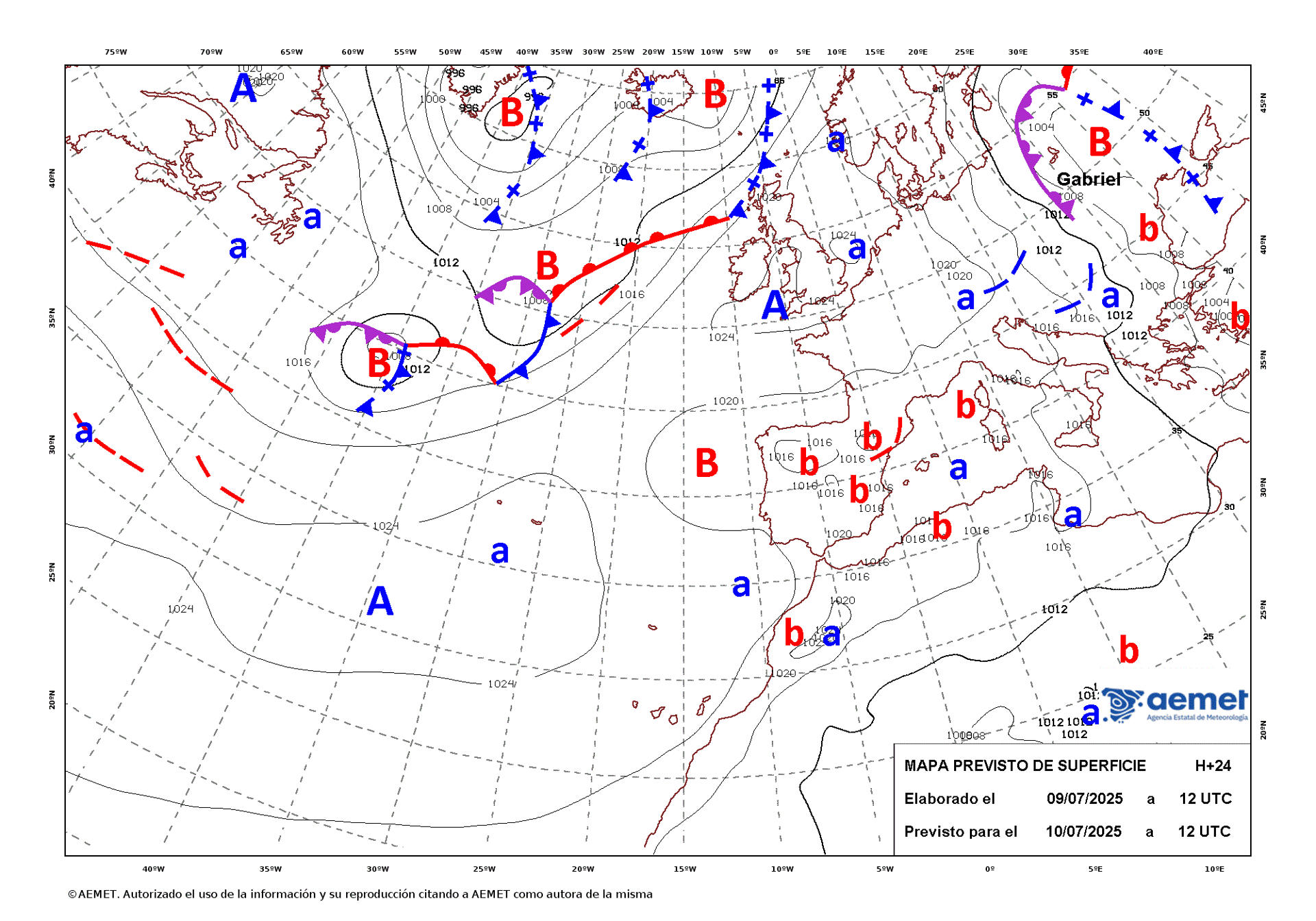 Mapa de isobaras elaborado por la Aemet el 09/07/2025 previsto para el 10/07/2025. EFE/Aemet/SOLO USO EDITORIAL/SOLO DISPONIBLE PARA ILUSTRAR LA NOTICIA QUE ACOMPAÑA (CRÉDITO OBLIGATORIO)