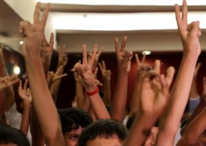 Indian students and families react as they watch a live telecast of the Dragon spacecraft landing on Earth, at the Birla Industrial and Technological Museum (BITM) in Kolkata, India 15 July 2025. Piloted by Indian astronaut Shubhanshu Shukla the Dragon spacecraft returned to Earth after completing the Axiom 4 mission. EFE/EPA/PIYAL ADHIKARY