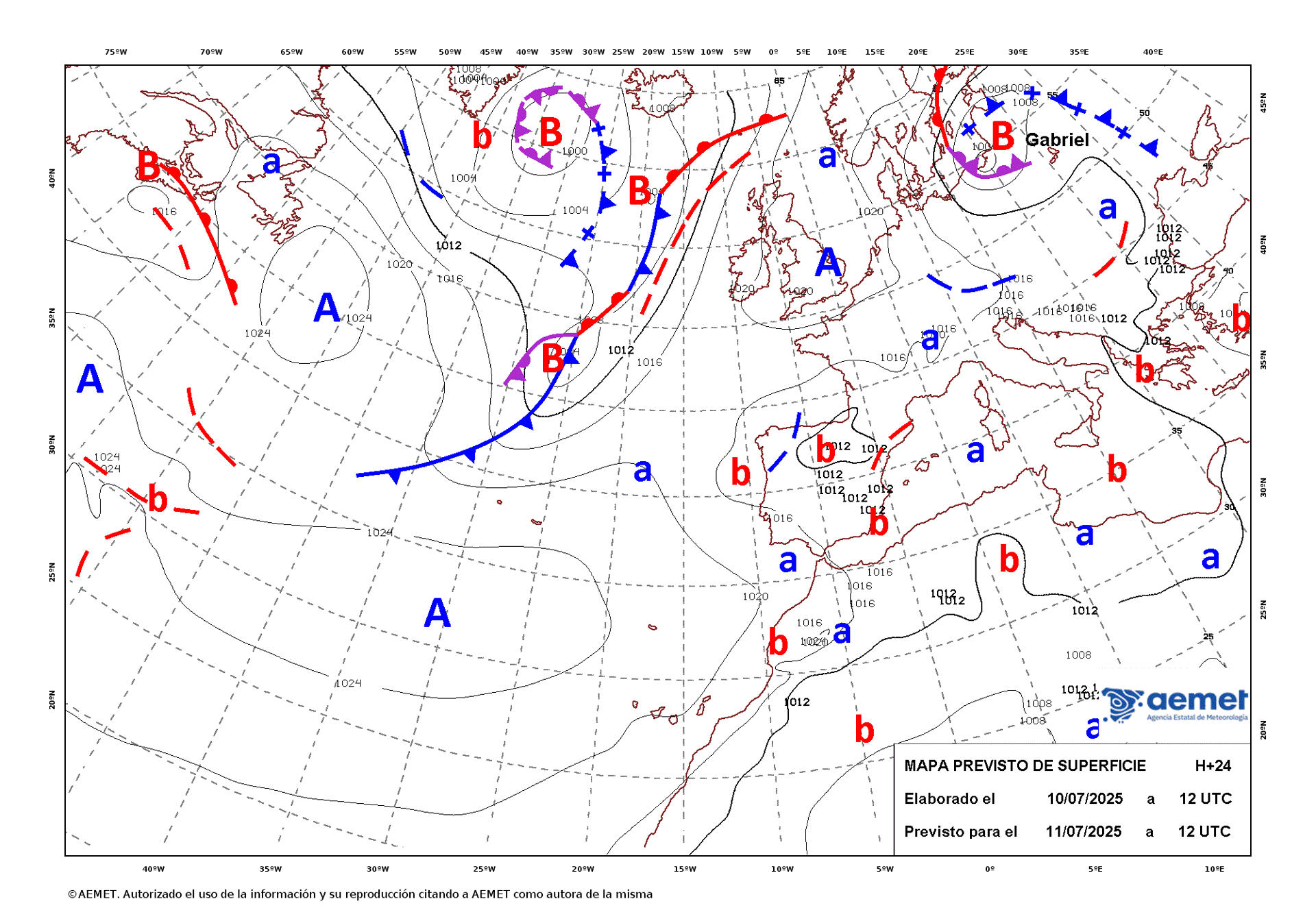 Mapa de isobaras elaborado por la Aemet el 10/07/2025 previsto para el 11/07/2025. EFE/Aemet/SOLO USO EDITORIAL/SOLO DISPONIBLE PARA ILUSTRAR LA NOTICIA QUE ACOMPAÑA (CRÉDITO OBLIGATORIO)