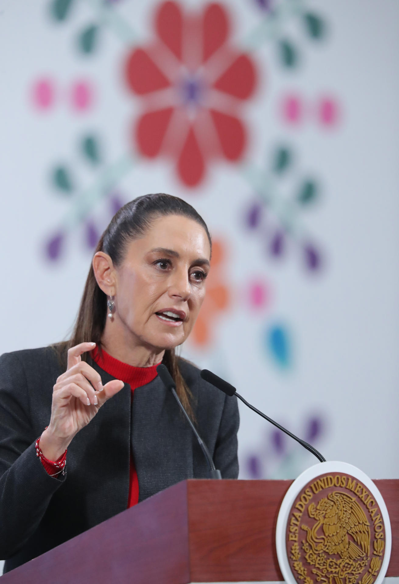 La presidenta de México, Claudia Sheinbaum, habla durante una rueda de prensa este jueves, en el Palacio Nacional, en Ciudad de México (México). EFE/Mario Guzmán