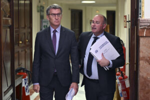 Imagen de archivo del líder del PP Alberto Núñez Feijóo, y el portavoz Miguel Tellado en el Congreso. EFE/ Fernando Villar