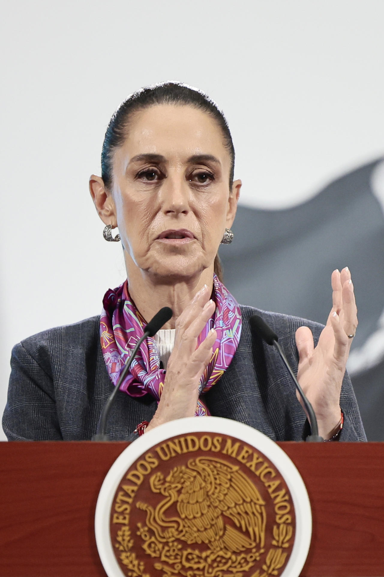 La presidenta de México, Claudia Sheinbaum, habla durante una rueda de prensa este miércoles, en el Palacio Nacional, en Ciudad de México (México). EFE/José Méndez
