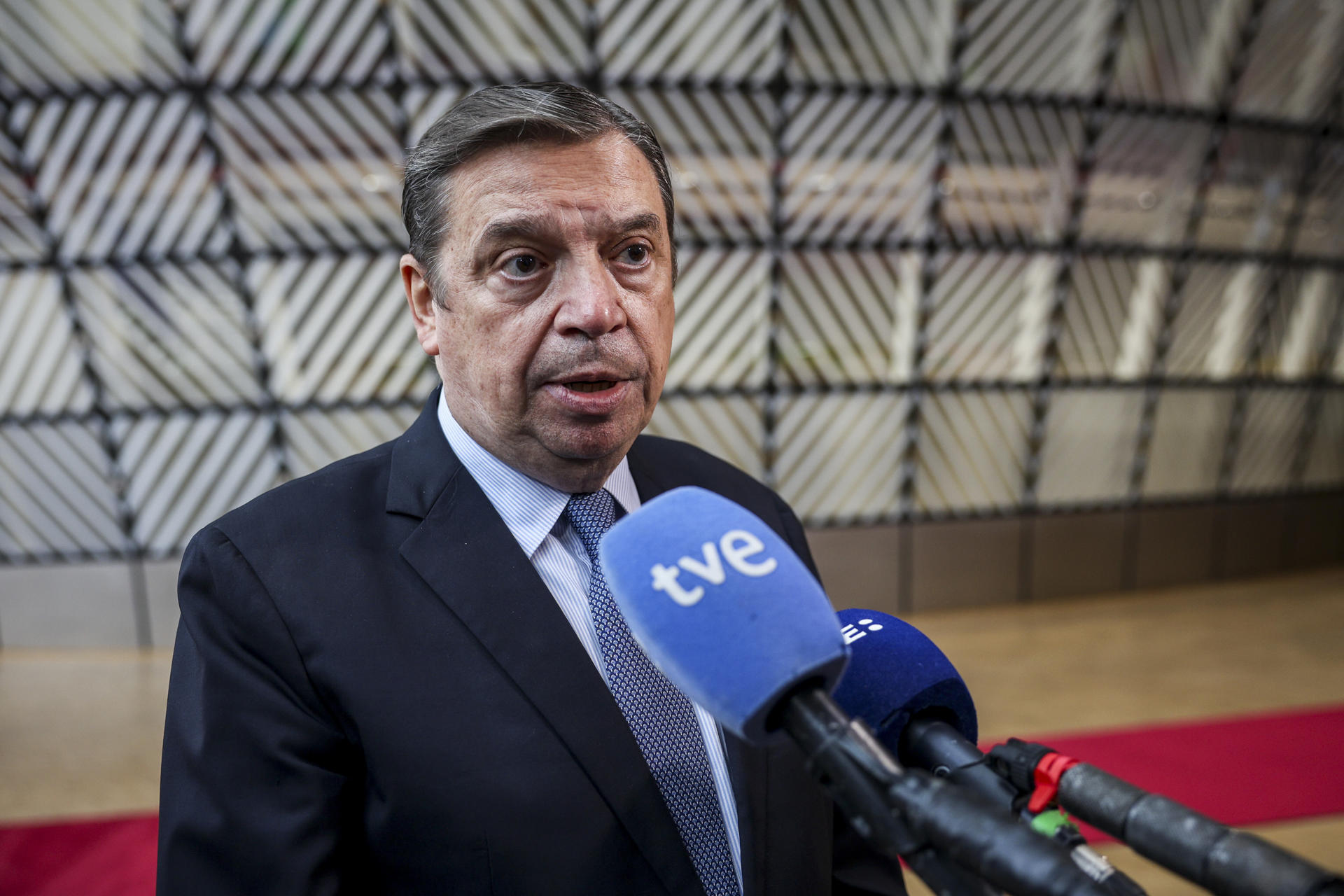 El ministro de Agricultura y Pesca, Luís Planas, atiende a los medios a su llegada a la reunión de ministros de Agricultura y Pesca de la UE, este lunes en Bruselas.-EFE/ Pablo Garrigós