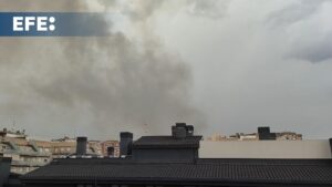 Captura de EFETV de la humareda generada por el incendio agrícola que ha obligado a confinar un club deportivo y una urbanización en Terrassa (Barcelona). EFE