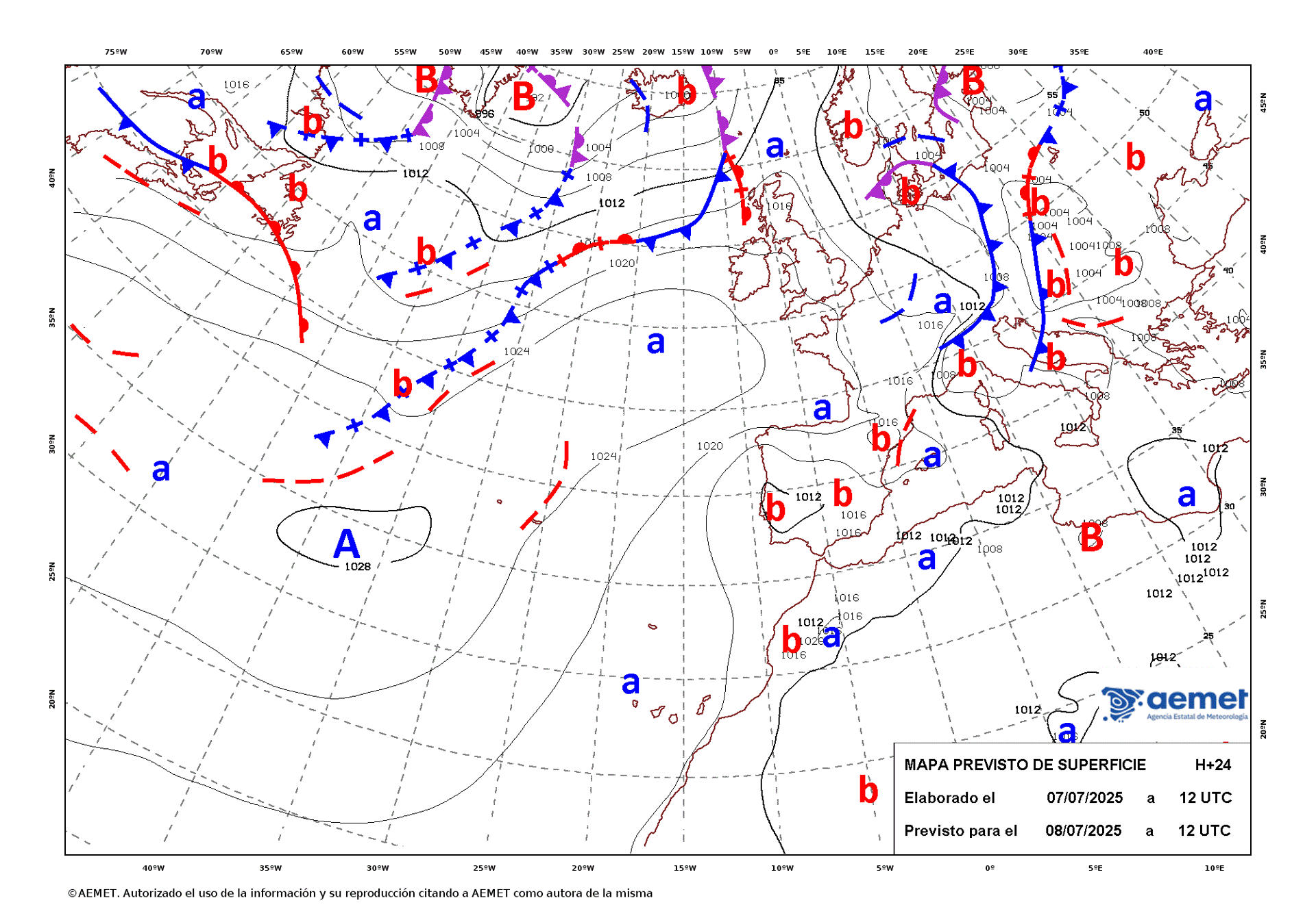 Mapa de isobaras elaborado por la Aemet el 07/07/2025 previsto para el 08/07/2025. EFE/Aemet/SOLO USO EDITORIAL/SOLO DISPONIBLE PARA ILUSTRAR LA NOTICIA QUE ACOMPAÑA (CRÉDITO OBLIGATORIO)