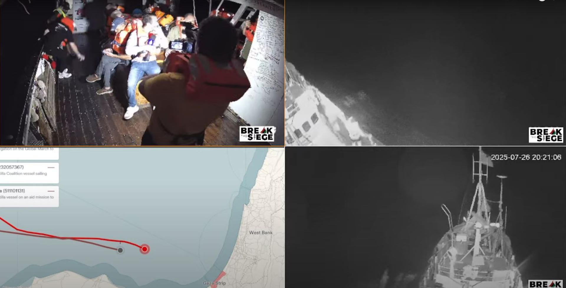 Captura de video cedido por la Coalición Flotilla de la Libertad del interior y exterior del barco Handala ubicado a cuarenta millas náuticas de la costa de Gaza en aguas internacionales. EFE/ Coalición Flotilla de la Libertad /SOLO USO EDITORIAL NO VENTAS /SOLO DISPONIBLE PARA ILUSTRAR LA NOTICIA QUE ACOMPAÑA (CRÉDITO OBLIGATORIO)