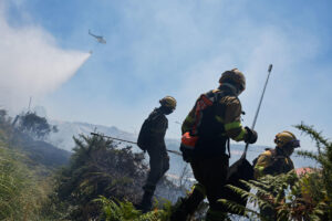 Bomberos trabajan este martes, en la extinción de un incendio en A Lanzada (Pontevedra). EFE/ Lavandeira Jr