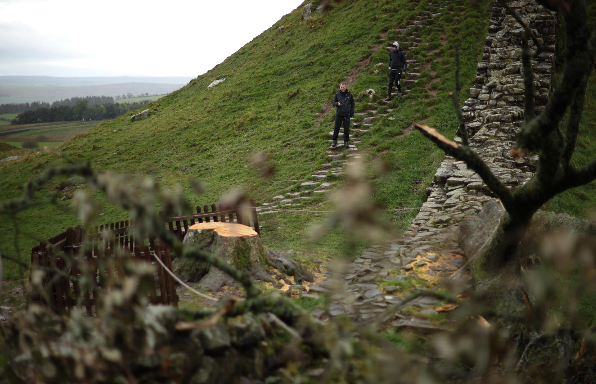 En la imagen de archivo, caminantes llegan a los restos del árbol talado en Sycamore Gap en Northumberland, Gran Bretaña. EFE/EPA/ADAM VAUGHAN