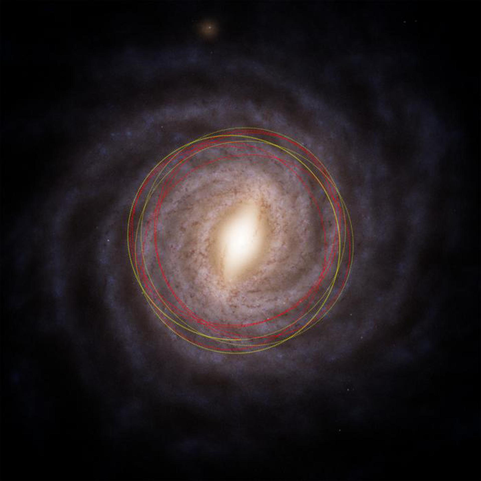 Vista superior de la Vía Láctea que muestra las órbitas estimadas tanto de nuestro Sol como del cometa 3I/ATLAS. El cometa 3I/ATLAS se muestra con líneas discontinuas rojas, y el Sol con líneas punteadas amarillas. Se aprecia claramente la gran extensión de la órbita del cometa 3I hacia el disco grueso exterior, mientras que el Sol permanece más cerca del núcleo de la galaxia. Fotografía facilitada por M. Hopkins/Equipo Ōtautahi-Oxford. Base del mapa: ESA/Gaia/DPAC, Stefan Payne-Wardenaar.EFE