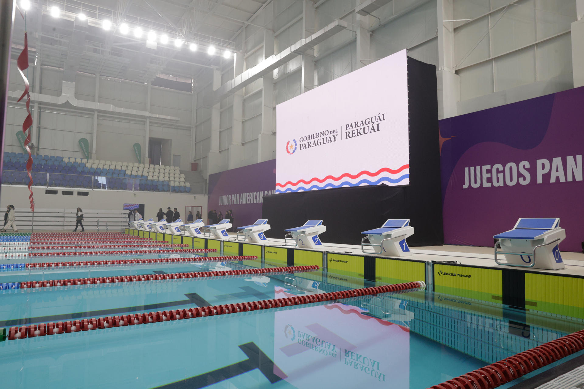 Vista general este sábado, 5 de julio, del centro acuático olímpico para los Juegos Panamericanos Junior de 2025, que se celebrarán del 9 al 23 de agosto, en Luque (Paraguay). EFE/Juan Pablo Pino