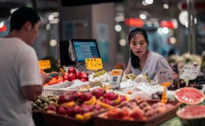 Un hombre compra fruta en un mercado de Shanghái, China, el 8 de julio de 2025 (Publicado el 9 de julio de 2025). EFE/EPA/ALEX PLAVEVSKI
