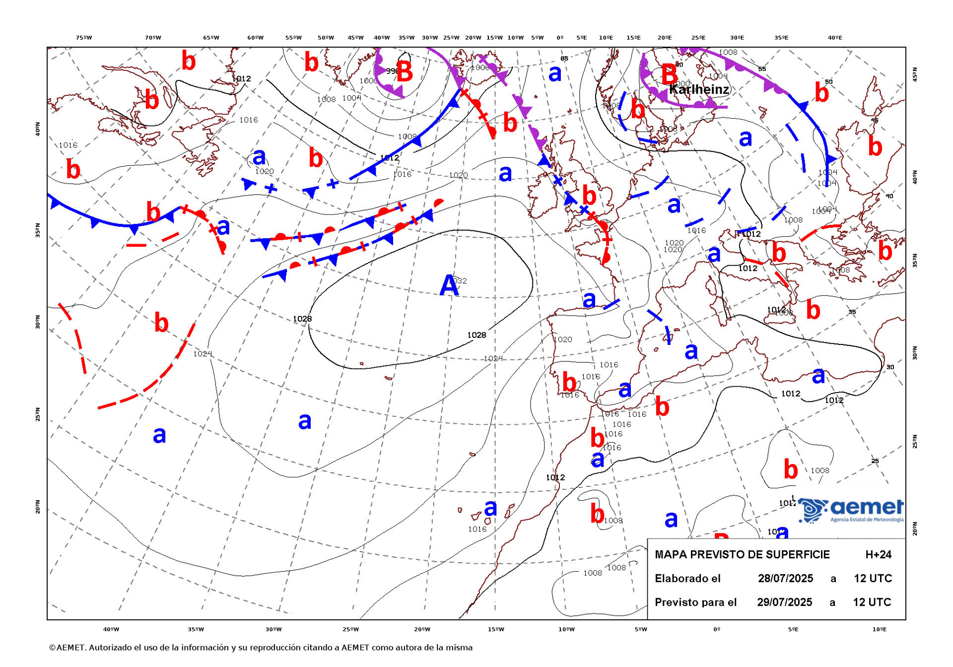 Mapa de isobaras facilitado por la Aemet previsto para el 29/07/2025. EFE *****SOLO USO EDITORIAL/SOLO DISPONIBLE PARA ILUSTRAR LA NOTICIA QUE ACOMPAÑA (CRÉDITO OBLIGATORIO) *****
