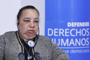 La relatora especial sobre los derechos de las personas con discapacidad por el Consejo de Derechos Humanos de la ONU, Heba Hagrass, habla durante una rueda de prensa este viernes, en Bogotá (Colombia). EFE/ Mauricio Dueñas Castañeda