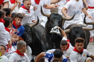 Los mozos son perseguidos por toros de la ganadería sevillana de Miura durante el octavo y último encierro de los Sanfermines este lunes. EFE/ Villar López