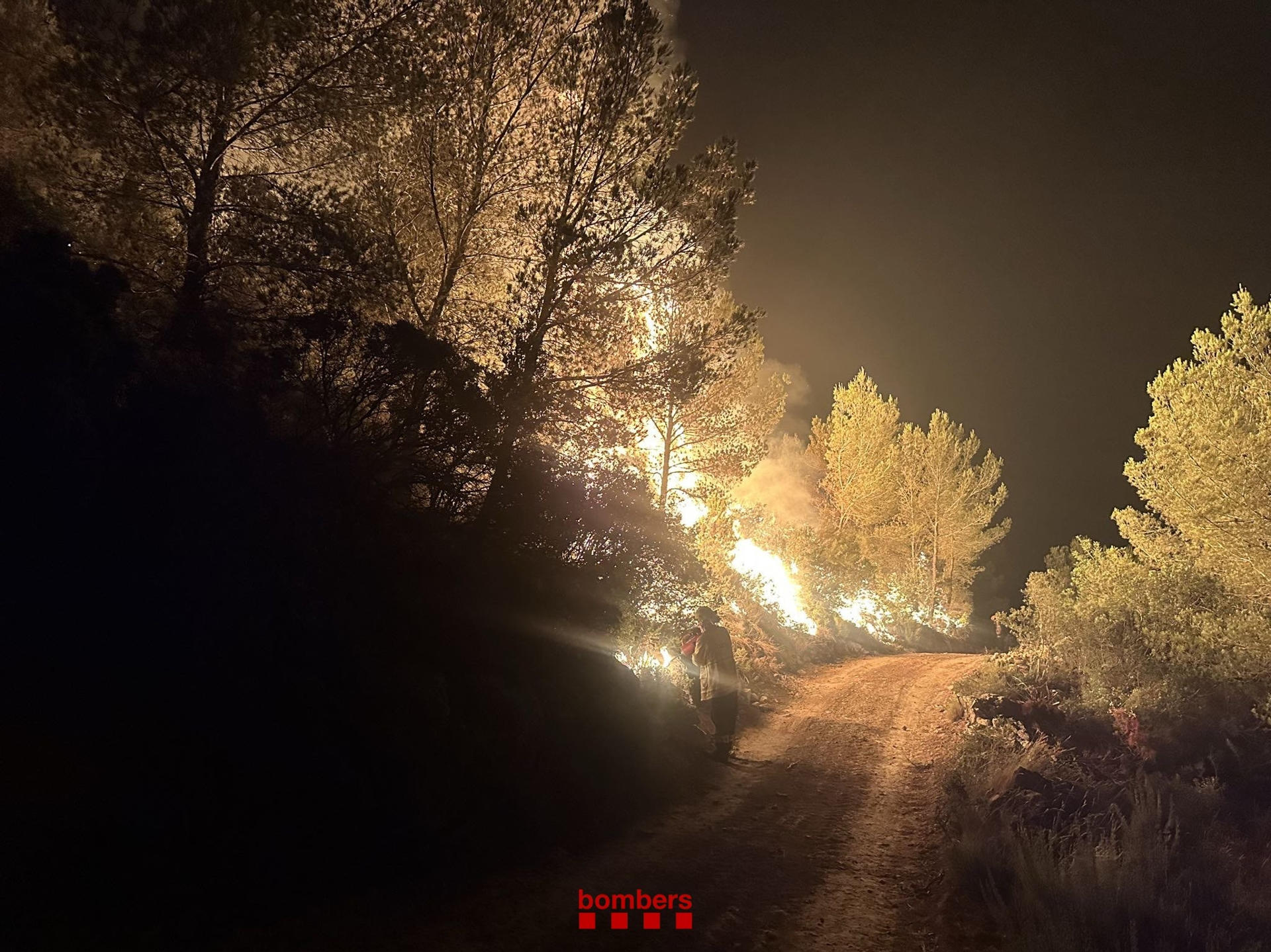 El voraz incendio que se declaró el pasado lunes en Paüls (Tarragona), que ha calcinado unas 3.200 hectáreas, continúa activo tras una noche en la que más de 460 efectivos con 120 vehículos han continuando trabajando intensamente para cerrar el perímetro y estabilizar el fuego, lo que podrían lograr en las próximas horas. EFE/Bombers de la Generalitat ***SÓLO USO EDITORIAL/SOLO USO PERMITIDO PARA ILUSTRAR LA NOTICIA QUE APARECE EN EL PIE DE FOTO*** (CRÉDITO OBLIGATORIO)
