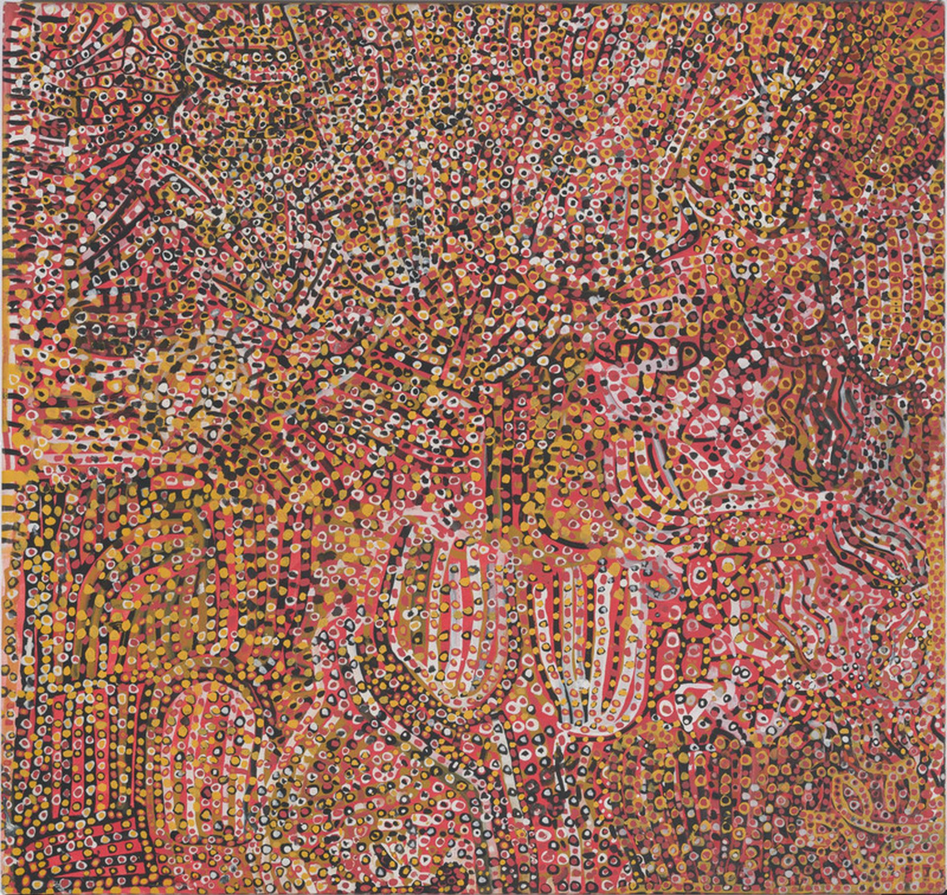 Imagen del cuadro 'Ntang Dreaming' (1989), de la artista australiana Emily Kam Kngwarray, a la que la Tate Modern de Londres dedica una exposición que se abre el 10 de julio. EFE/ National Gallery of Australia/Emily Kam Kngwarray/Copyright Agency. ***SOLO USO EDITORIAL/SOLO DISPONIBLE PARA ILUSTRAR LA NOTICIA QUE ACOMPAÑA (CRÉDITO OBLIGATORIO)***