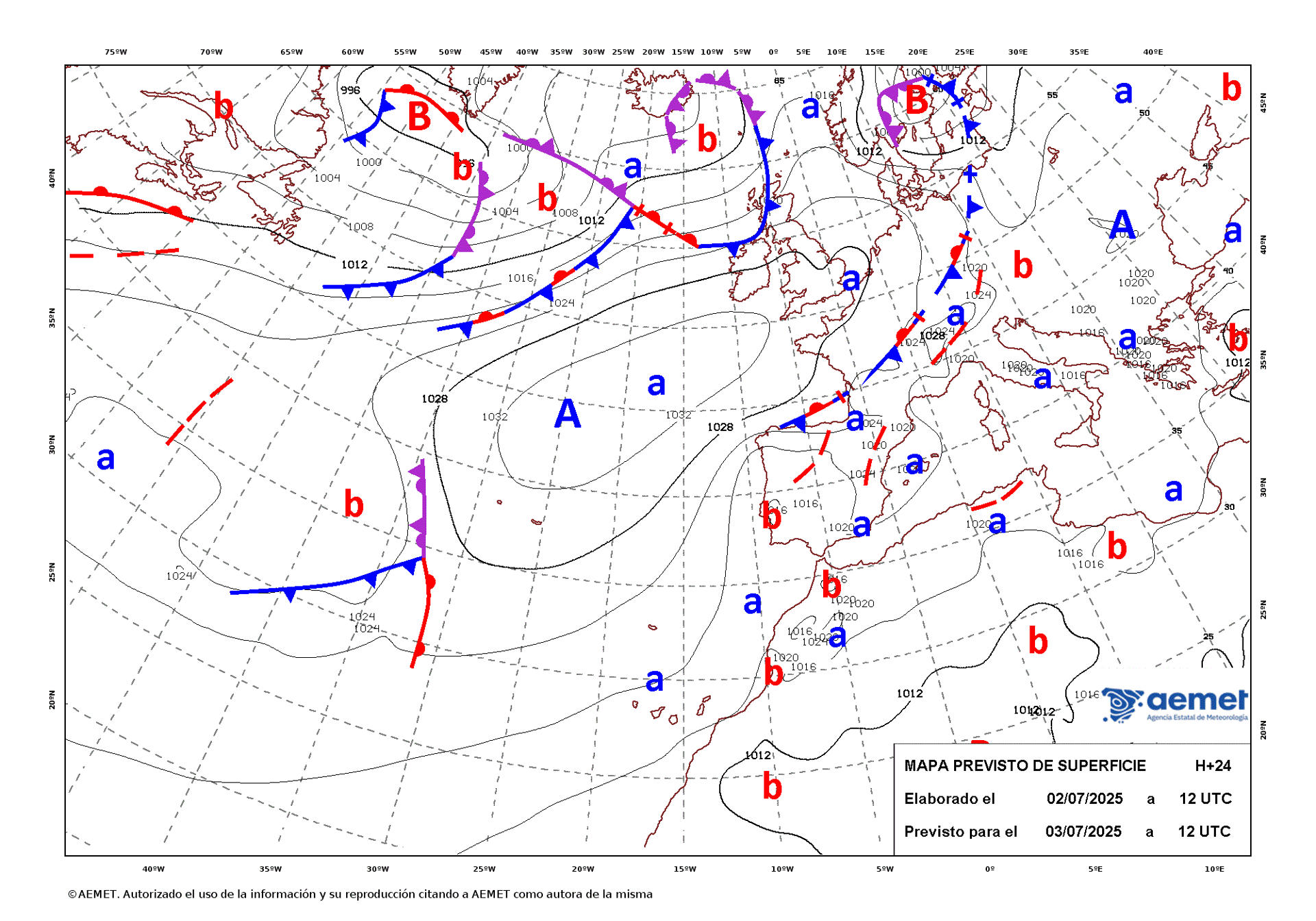 Mapa de isobaras elaborado por la Aemet el 02/07/2025 previsto para el 03/07/2025. EFE/Aemet/SOLO USO EDITORIAL/SOLO DISPONIBLE PARA ILUSTRAR LA NOTICIA QUE ACOMPAÑA (CRÉDITO OBLIGATORIO)
