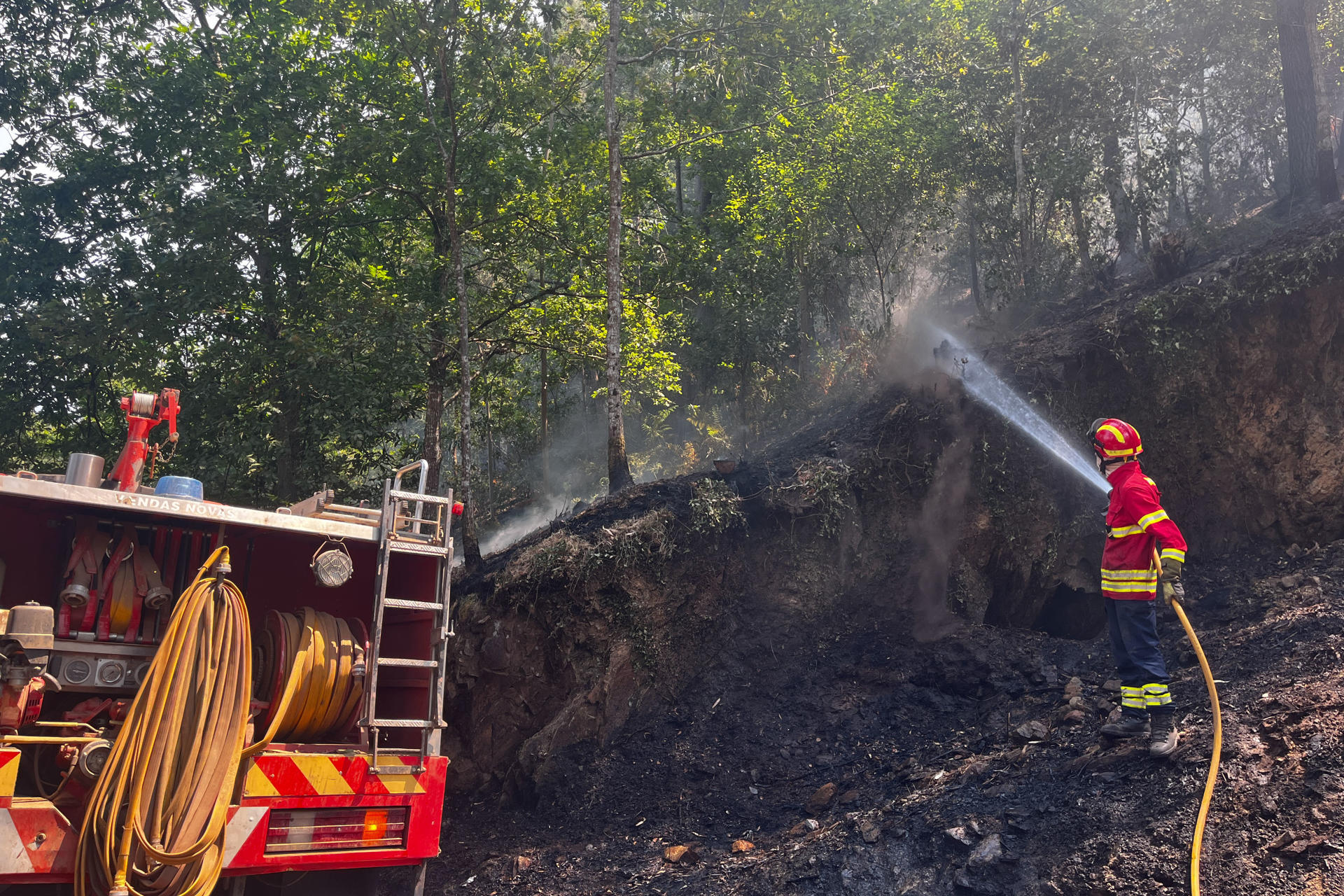Labores de extinción del incendio declarado en la localidad portuguesa de Arouca. EFE/Carlos Garcia