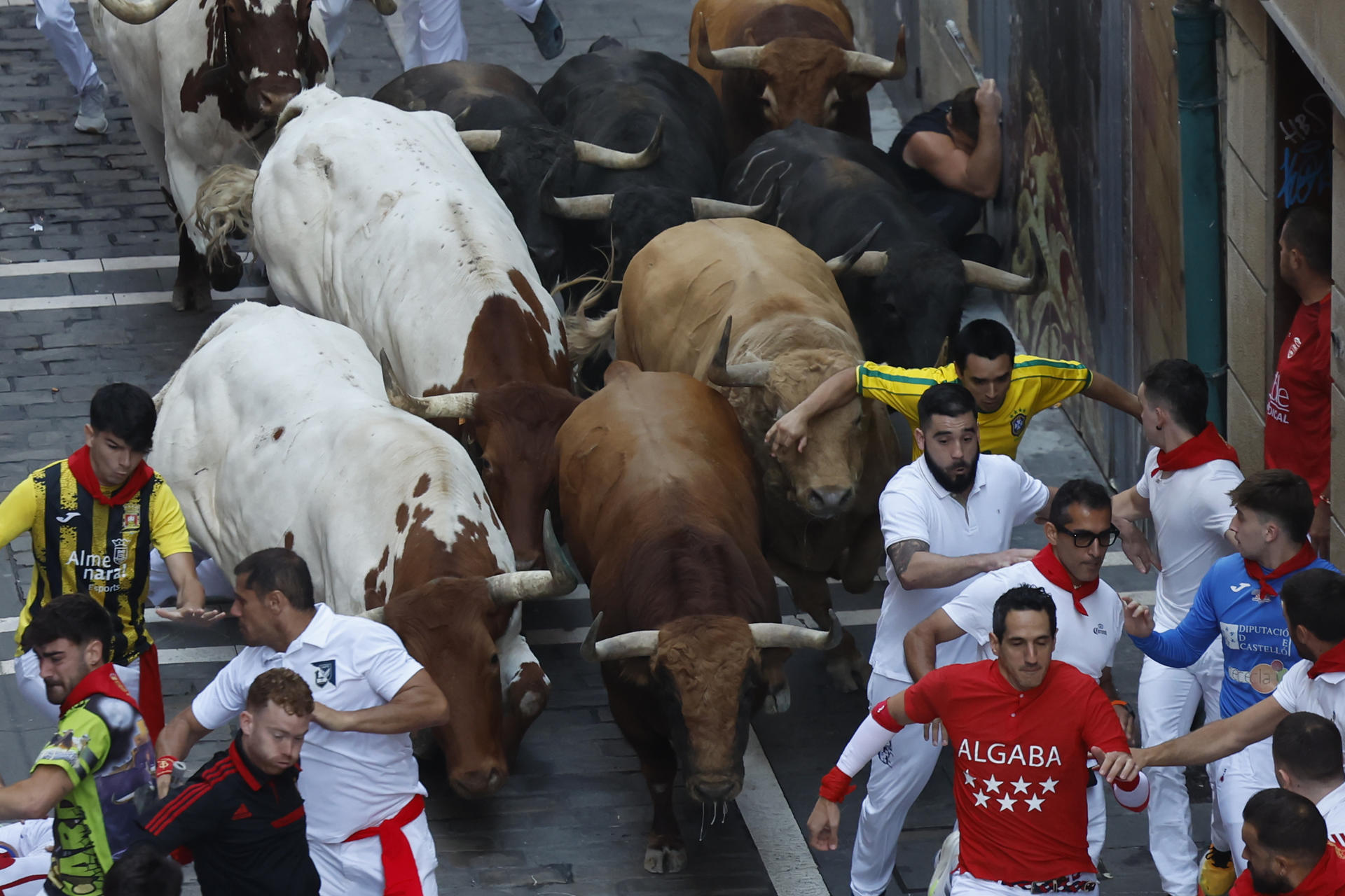 Los mozos corren ante los toros de la ganadería Jandilla durante el quinto encierro de los Sanfermines este viernes en Pamplona. EFE/Jesús Diges
