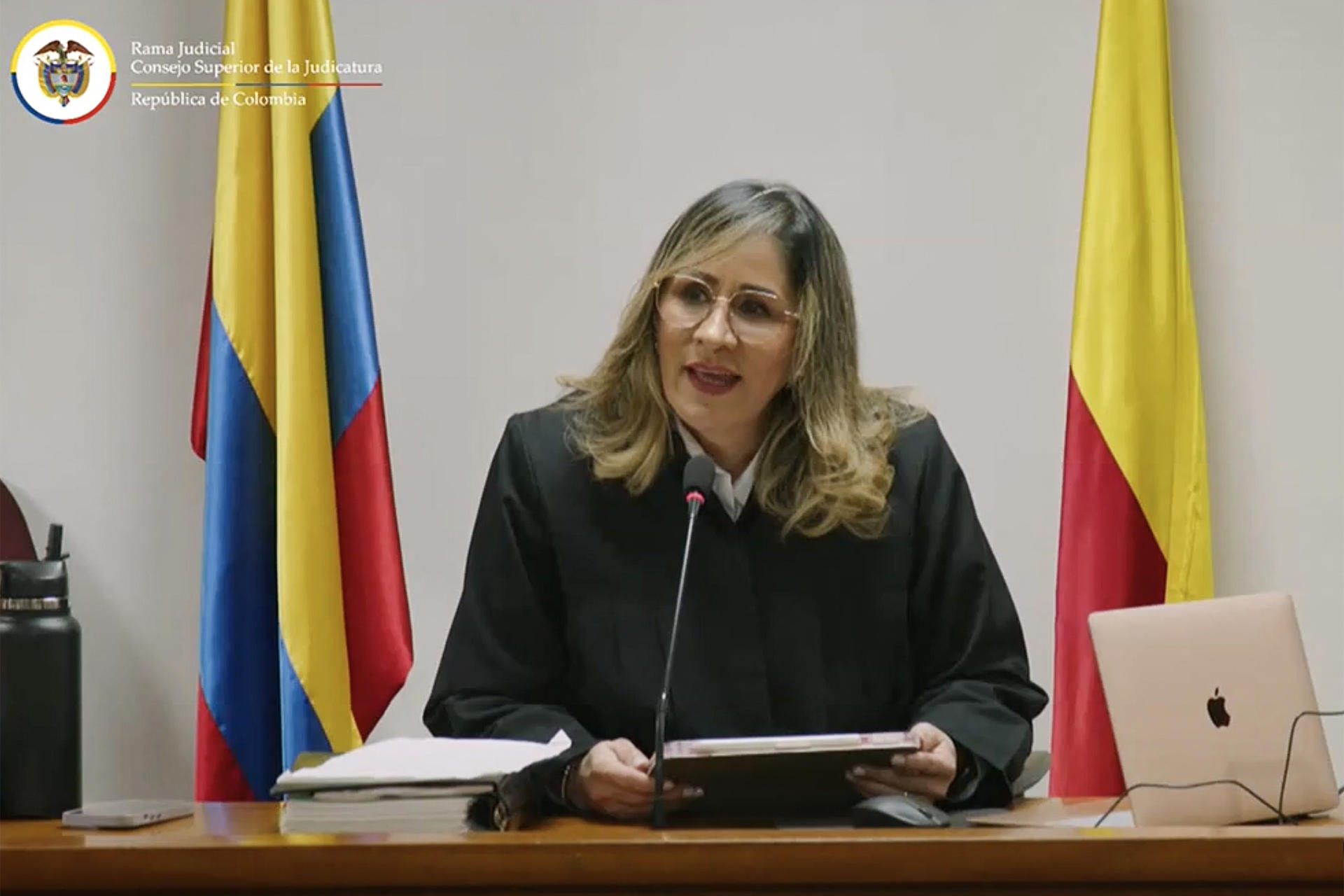 Captura de video del Complejo Judicial de Paloquemao que muestra a la jueza Sandra Heredia, durante una audiencia que se realiza este lunes en Bogotá (Colombia). EFE/ Complejo Judicial de Paloquemao