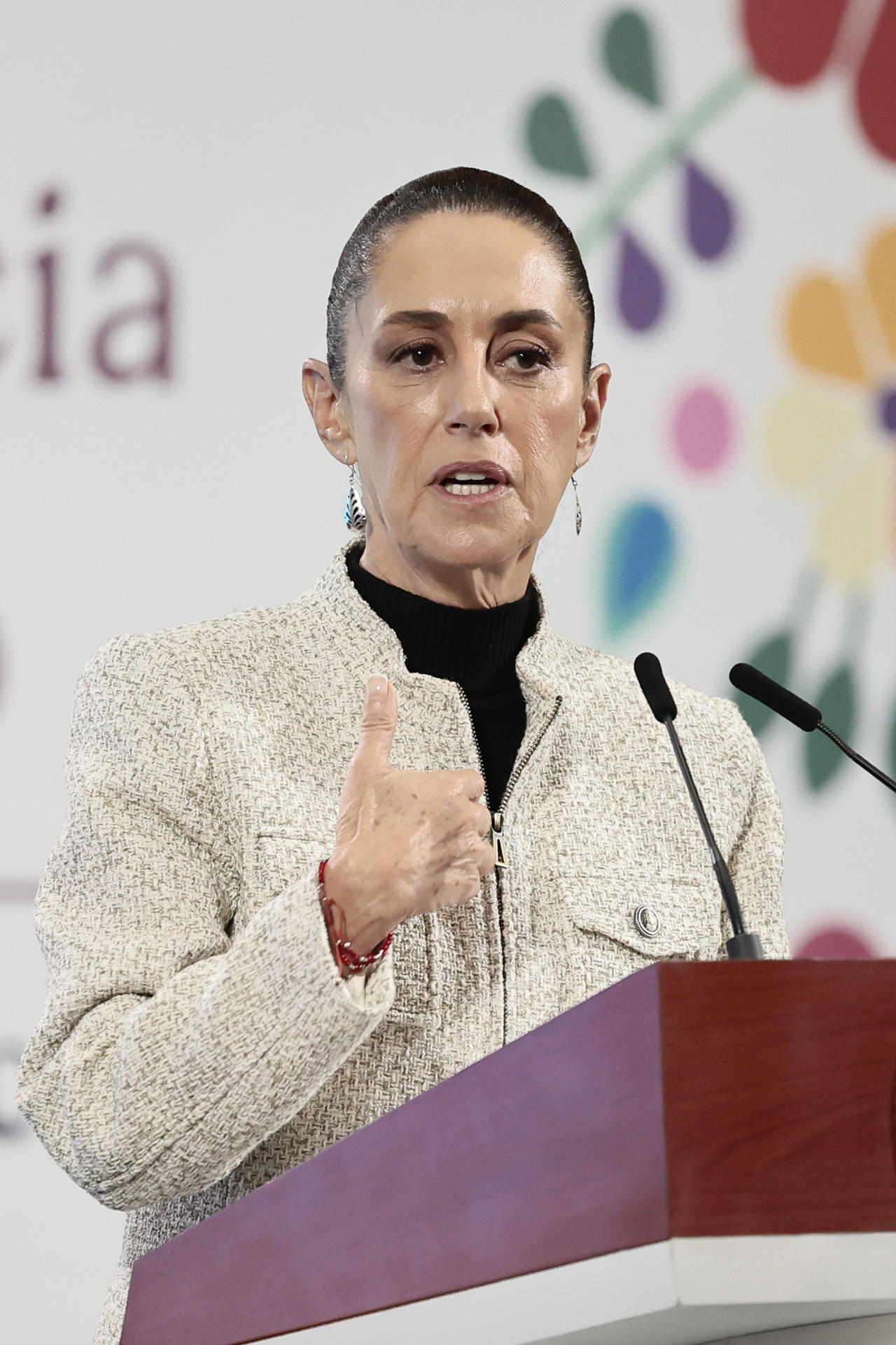 La presidenta de México, Claudia Sheinbaum, habla durante una rueda de prensa este jueves, en el Palacio Nacional de la Ciudad de México (México). EFE/José Méndez
